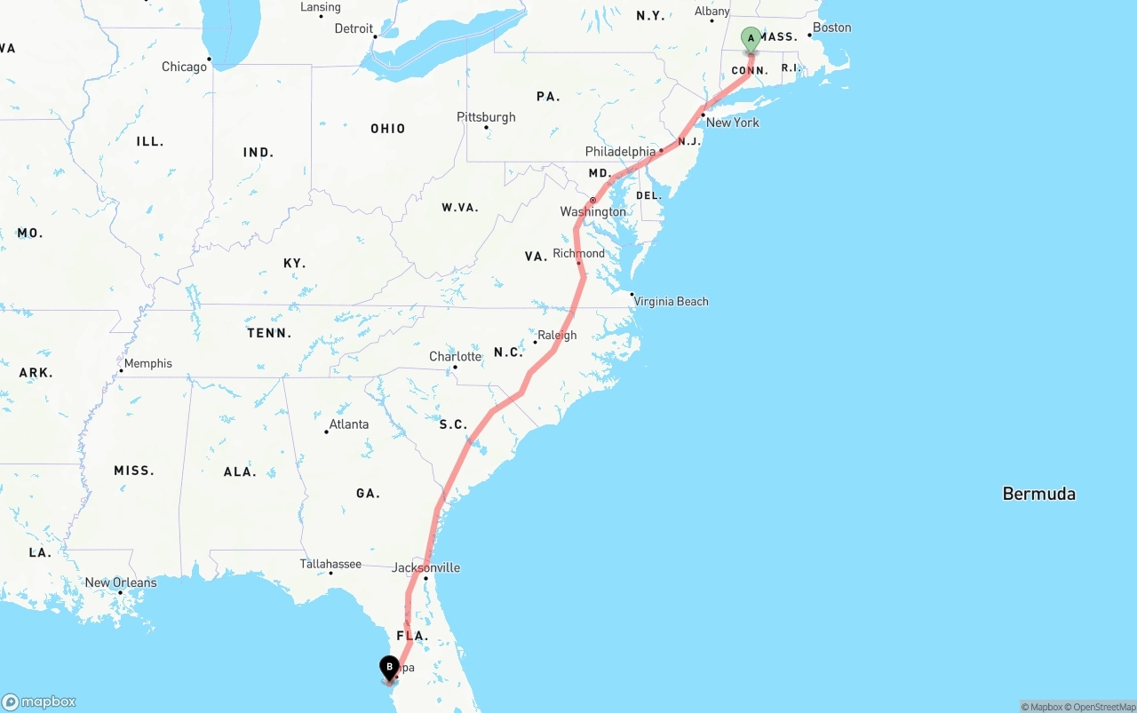 Shipping route from Bradley International Airport to St. Petersburg
