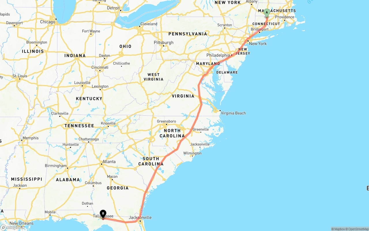 Shipping route from Bradley International Airport to Tallahassee
