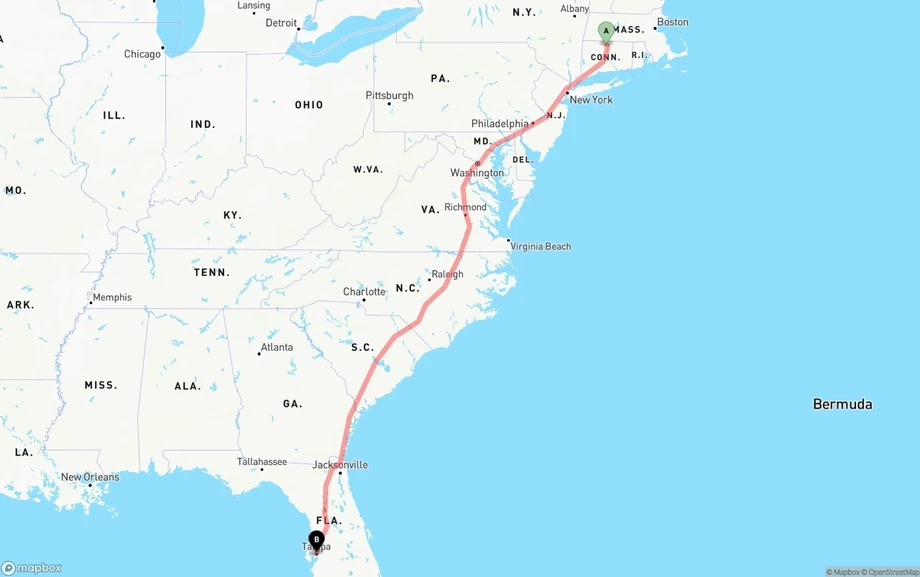 Bradley International Airport to Tampa freight shipping route map