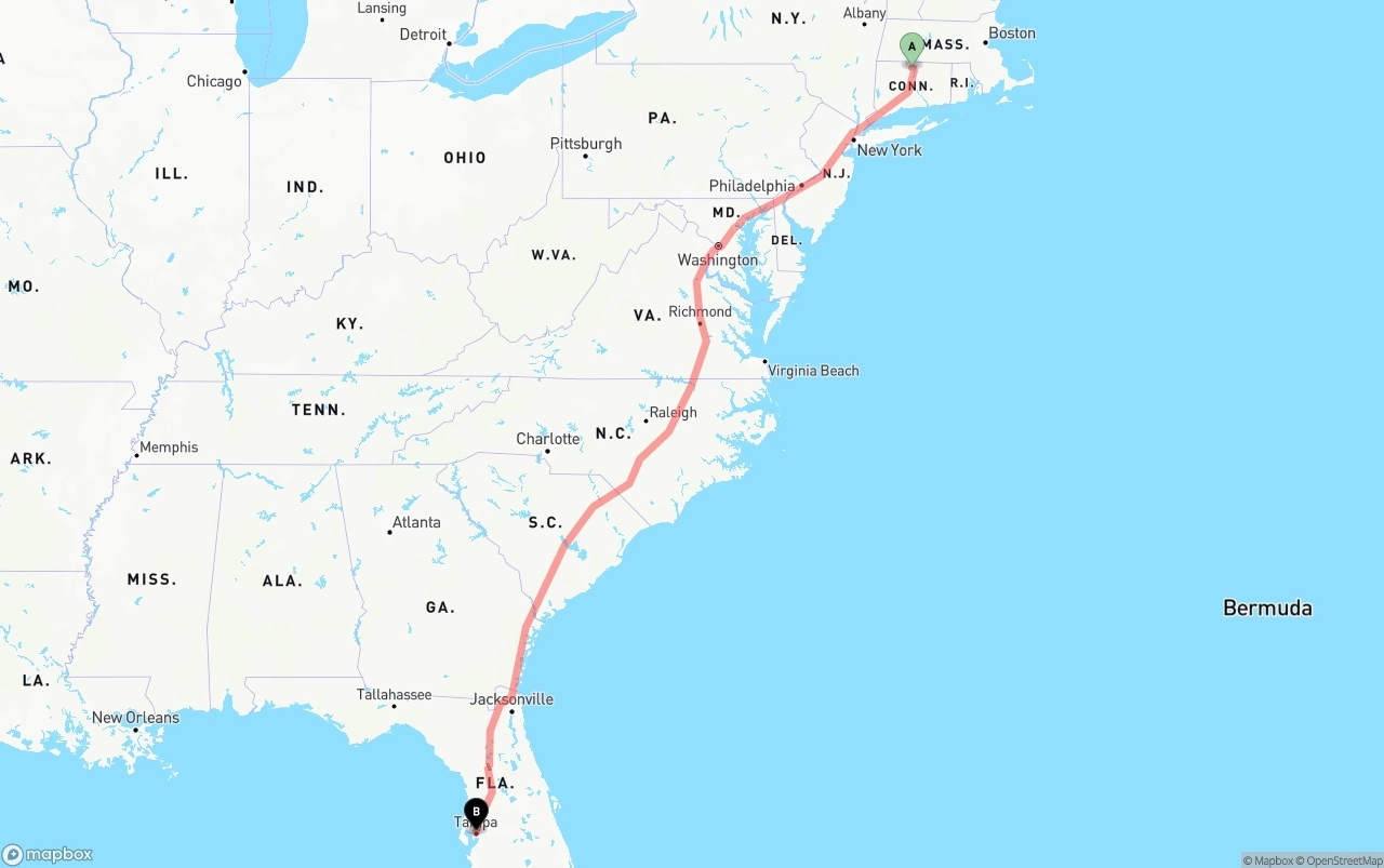 Shipping route from Bradley International Airport to Tampa