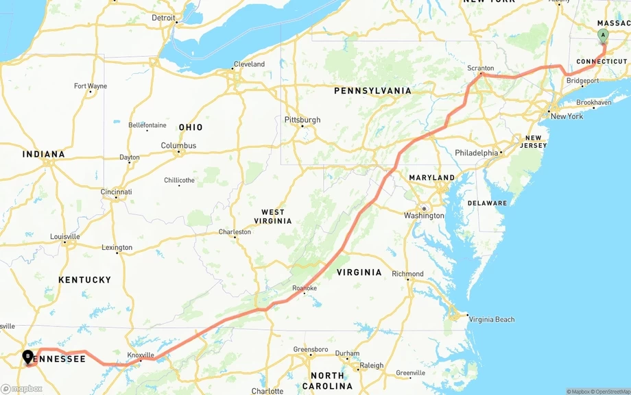 Bradley International Airport to Tennessee freight shipping route map