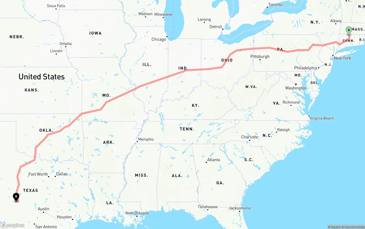 Shipping route from Bradley International Airport to Texas