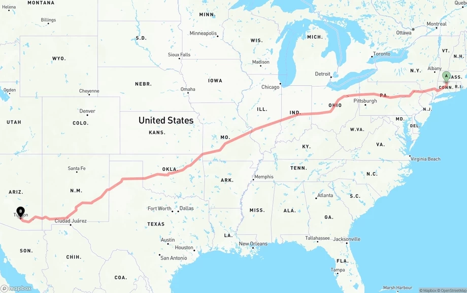 Bradley International Airport to Tucson freight shipping route map