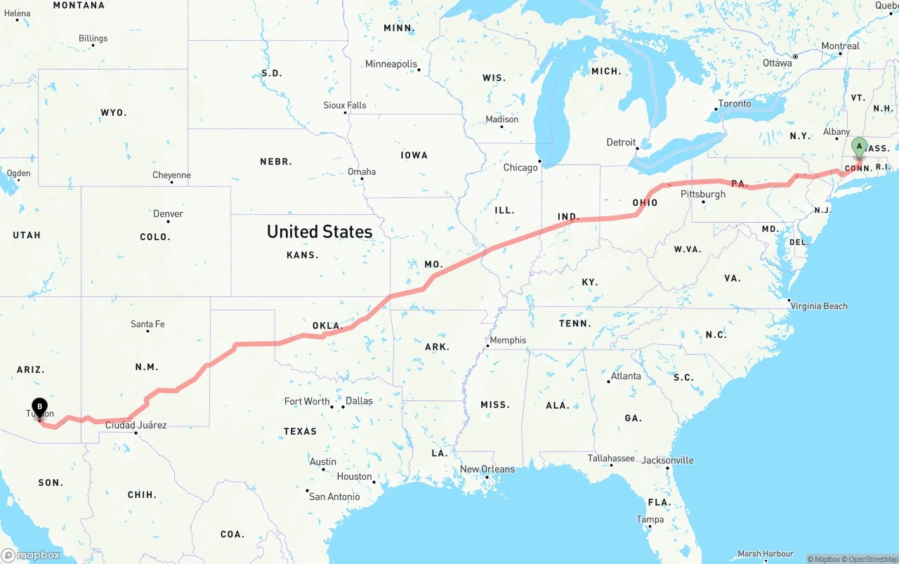 Shipping route from Bradley International Airport to Tucson