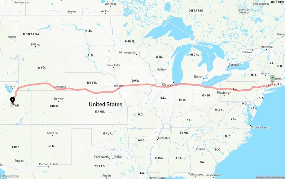Bradley International Airport to Utah freight shipping route map