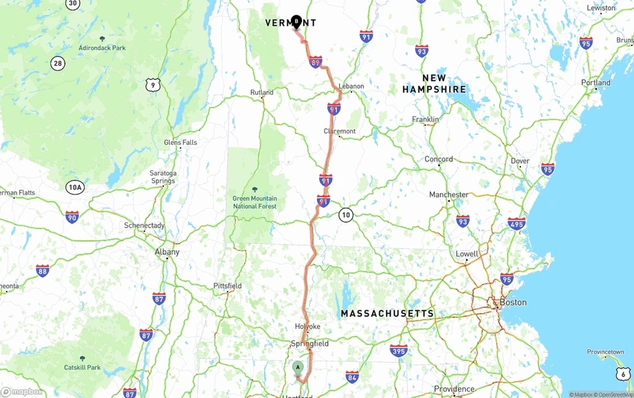 Bradley International Airport to Vermont freight shipping route map