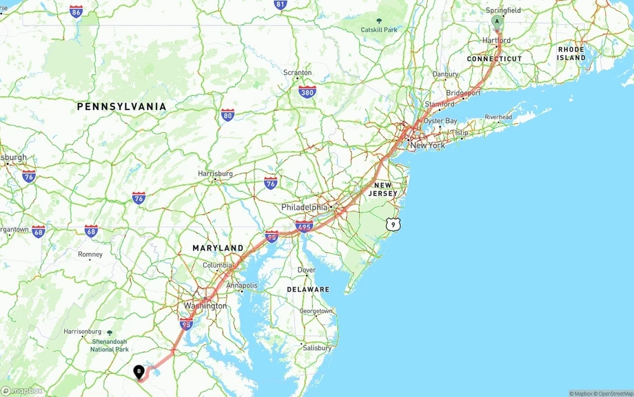Bradley International Airport to Virginia freight shipping route map