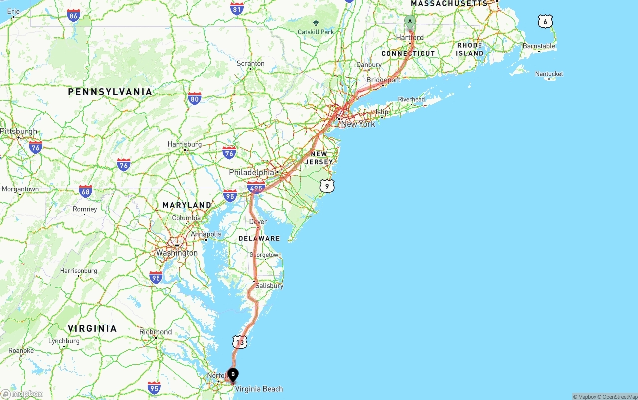 Shipping route from Bradley International Airport to Virginia Beach