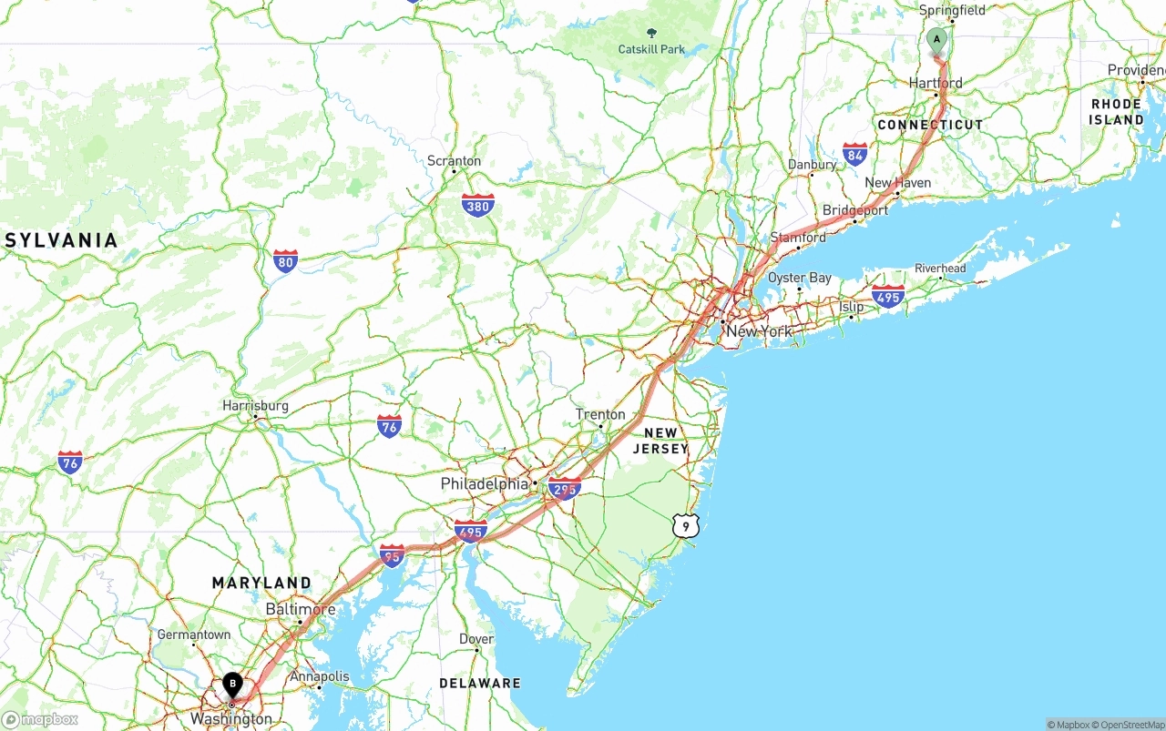 Shipping route from Bradley International Airport to Washington D.C.
