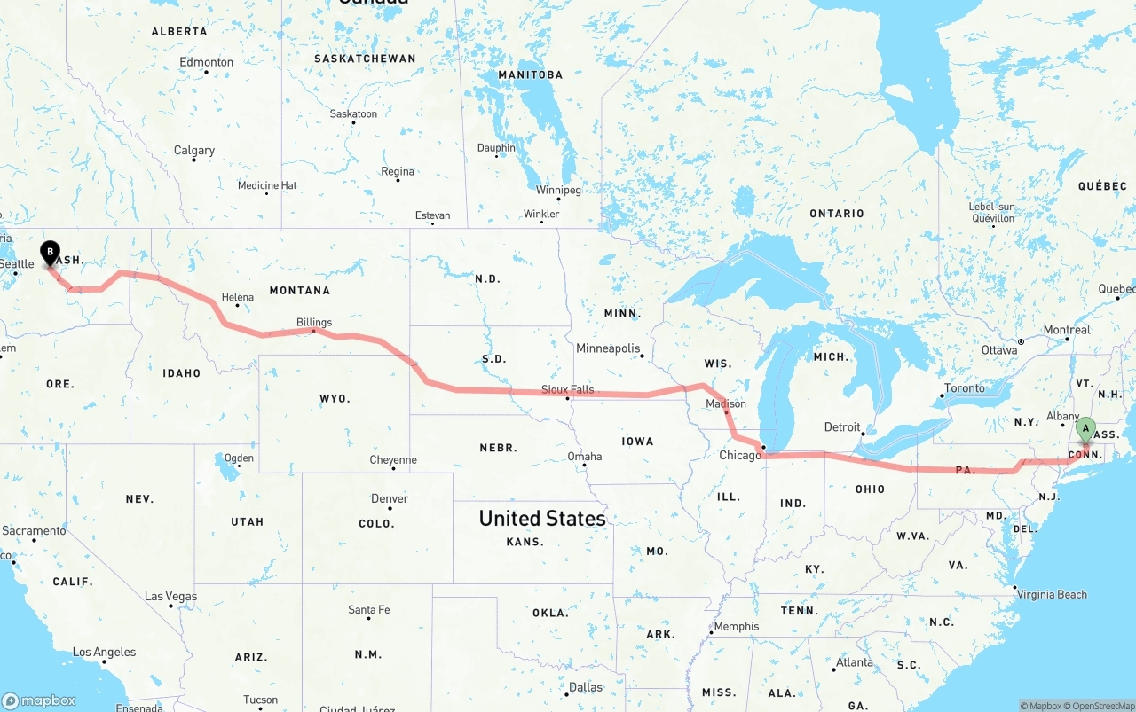 Shipping route from Bradley International Airport to Washington