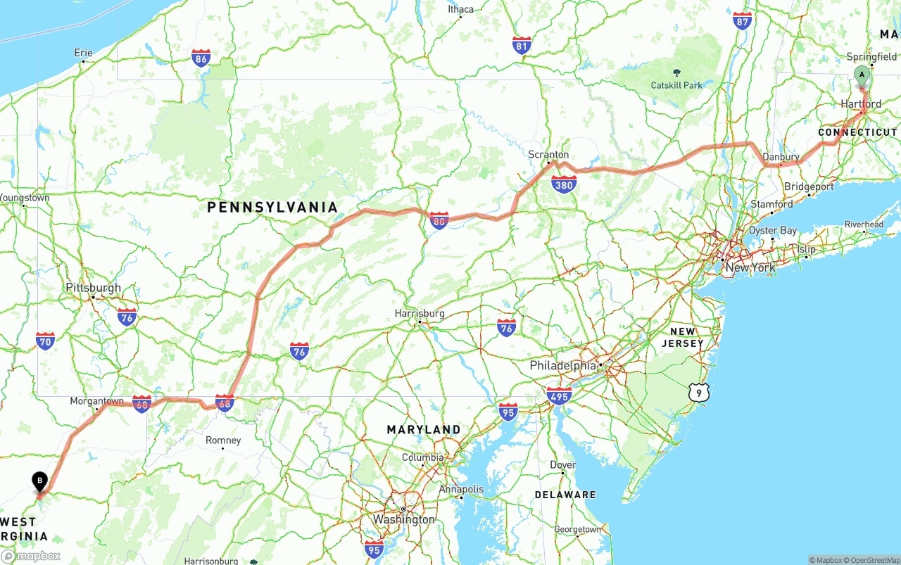Shipping route from Bradley International Airport to West Virginia