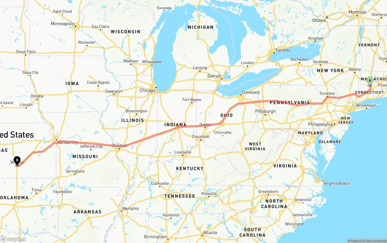 Shipping route from Bradley International Airport to Wichita