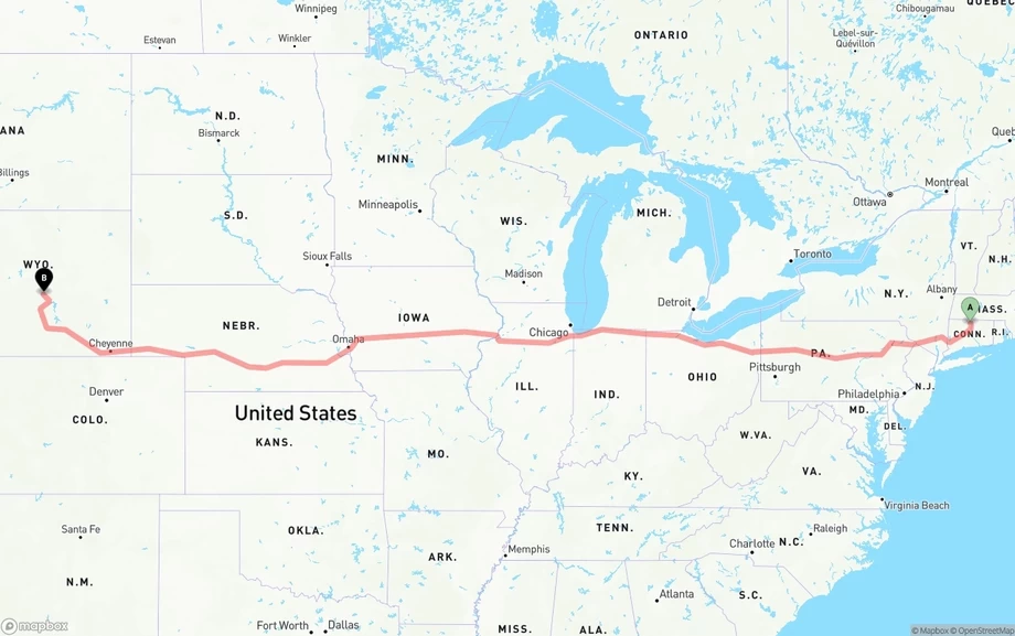 Bradley International Airport to Wyoming freight shipping route map
