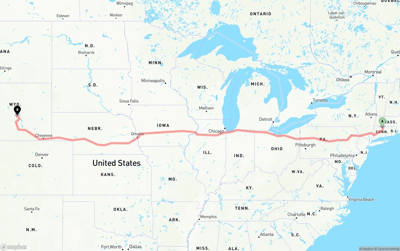 Shipping route from Bradley International Airport to Wyoming