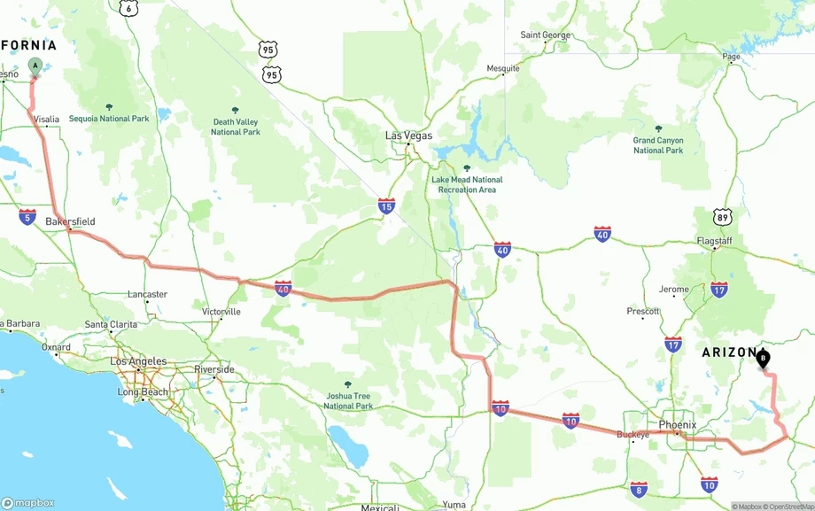 California to Arizona freight shipping route map