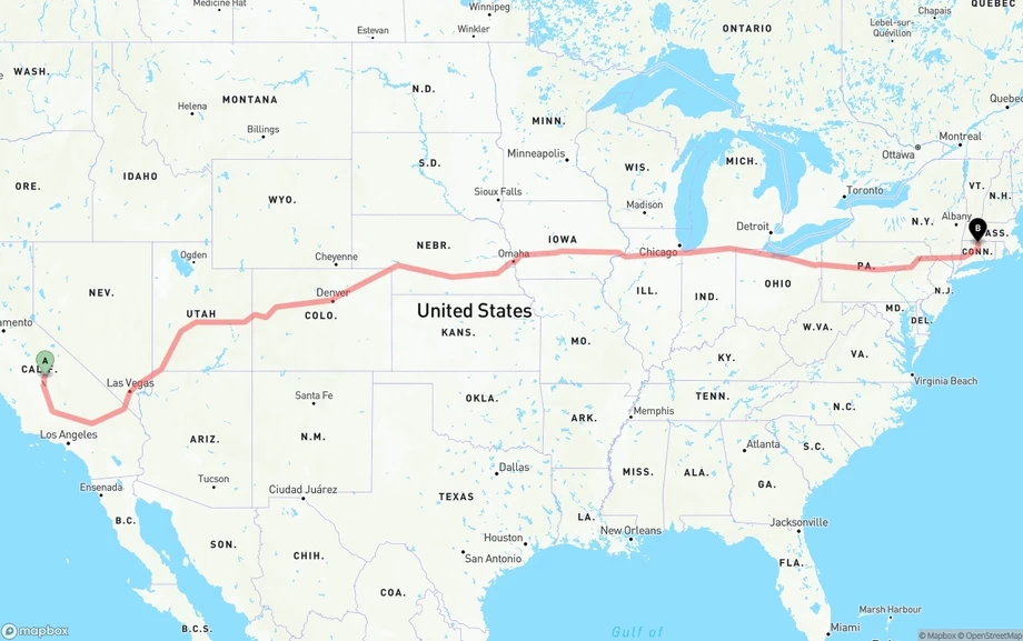California to Bradley International Airport freight shipping route map