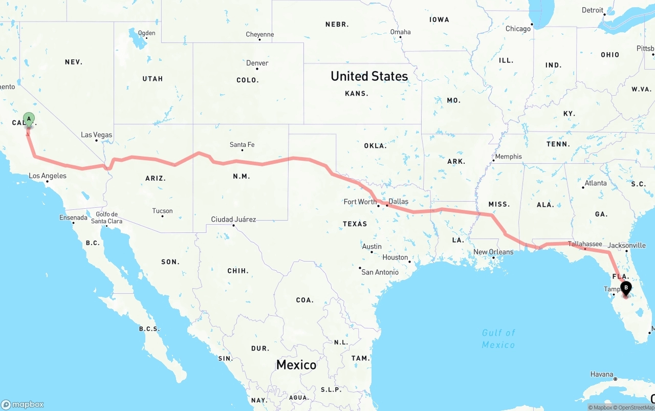 Shipping route from California to Florida