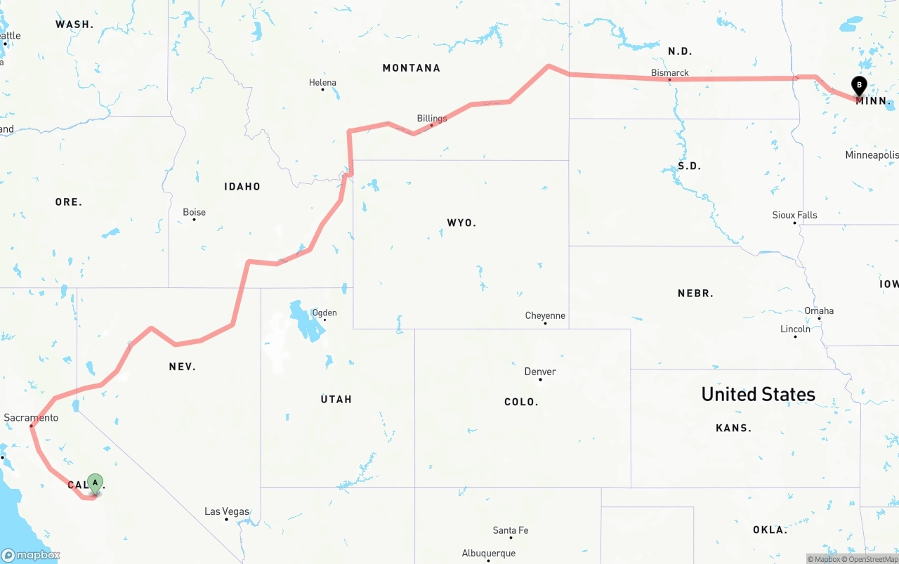 Shipping route from California to Minnesota