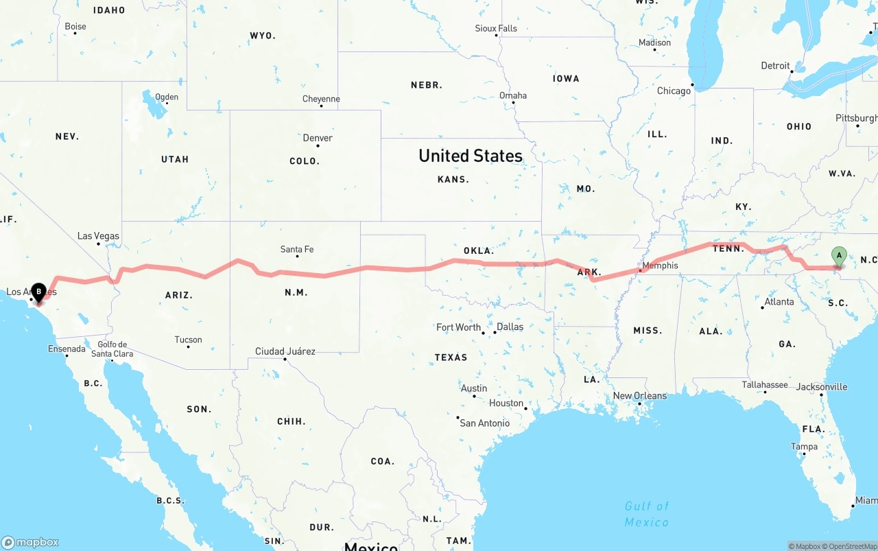 Shipping route from Charlotte to Anaheim