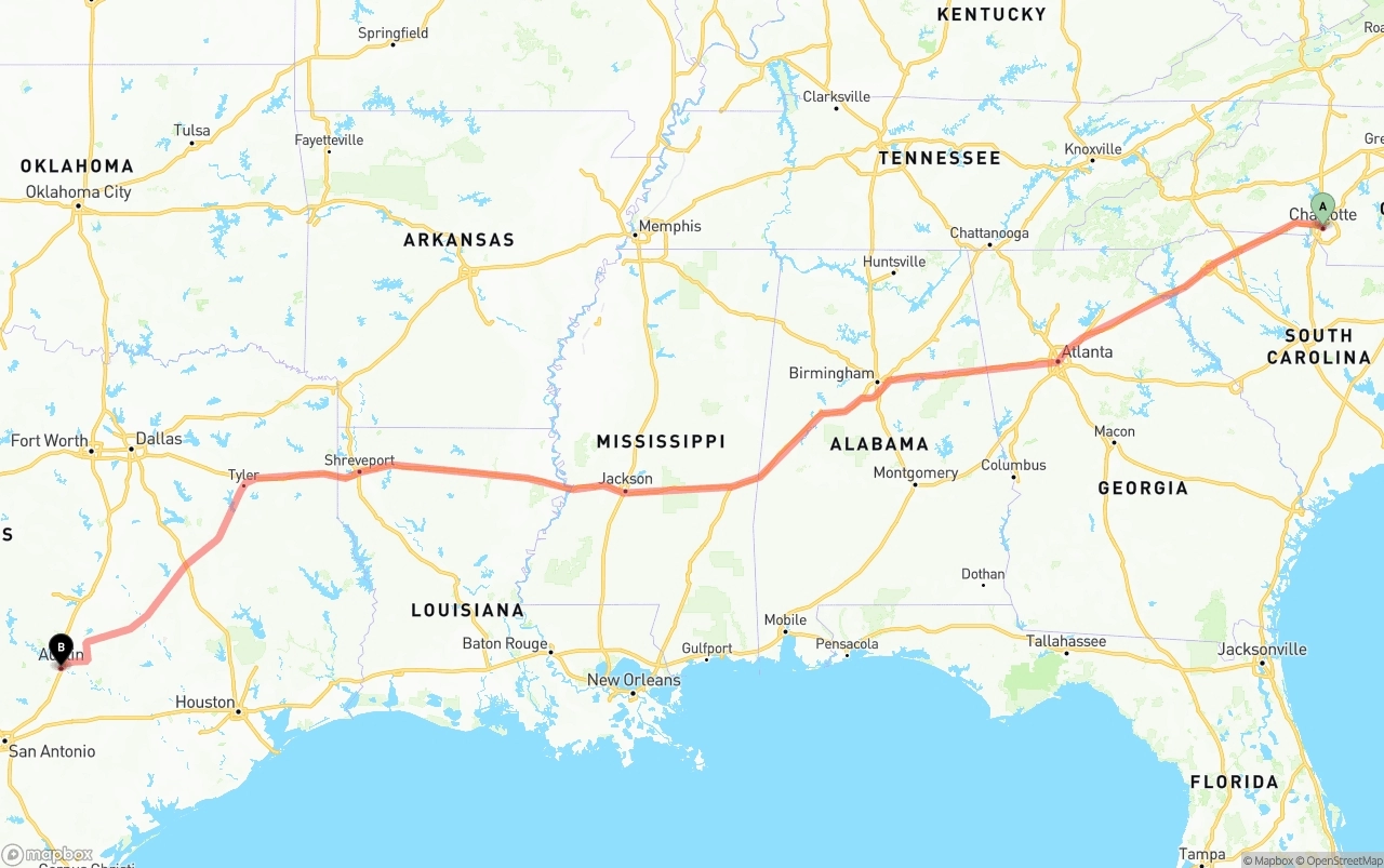 Shipping route from Charlotte to Austin