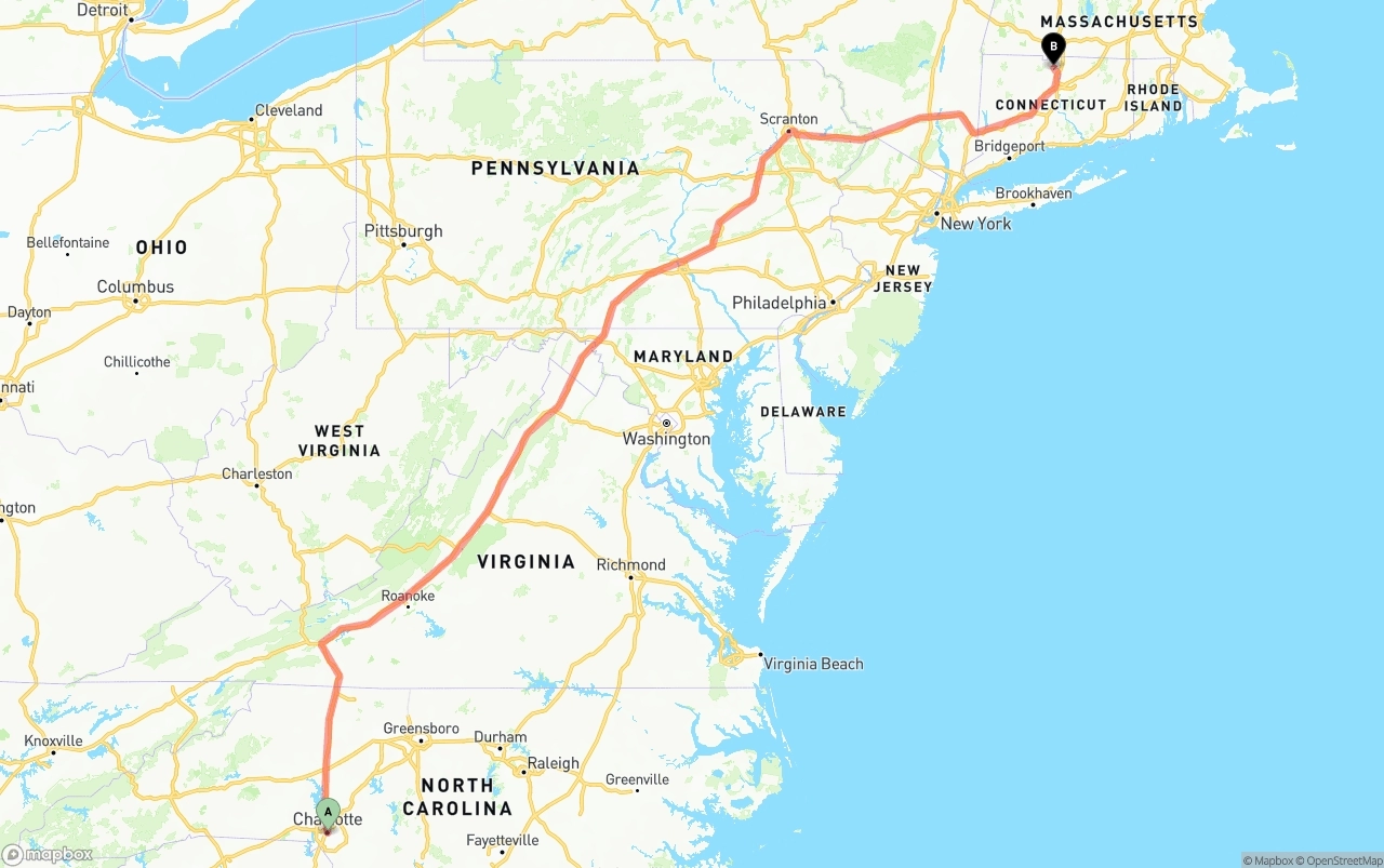 Shipping route from Charlotte to Bradley International Airport