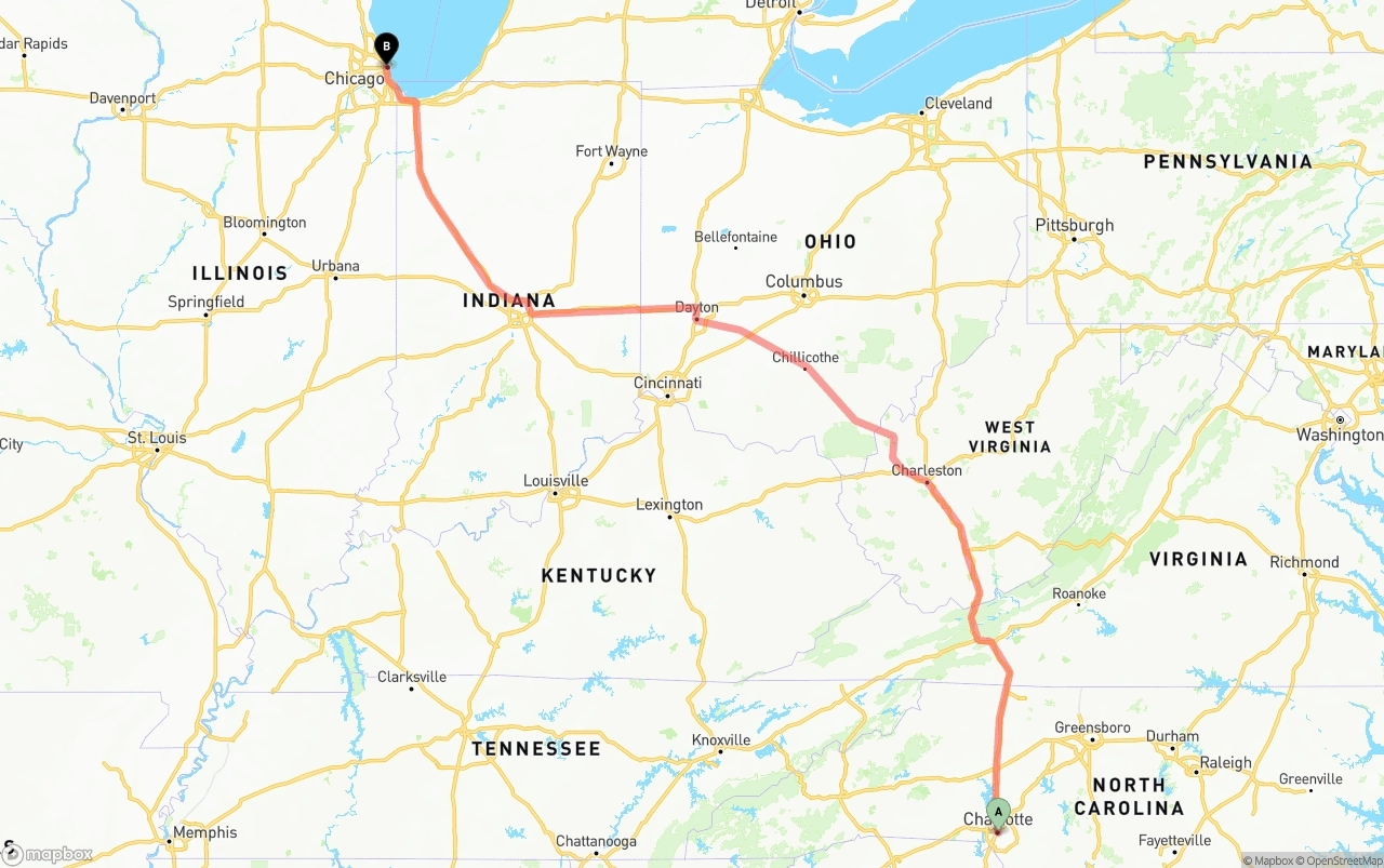 Shipping route from Charlotte to Chicago