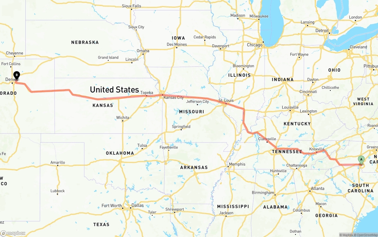 Shipping route from Charlotte to Denver International Airport