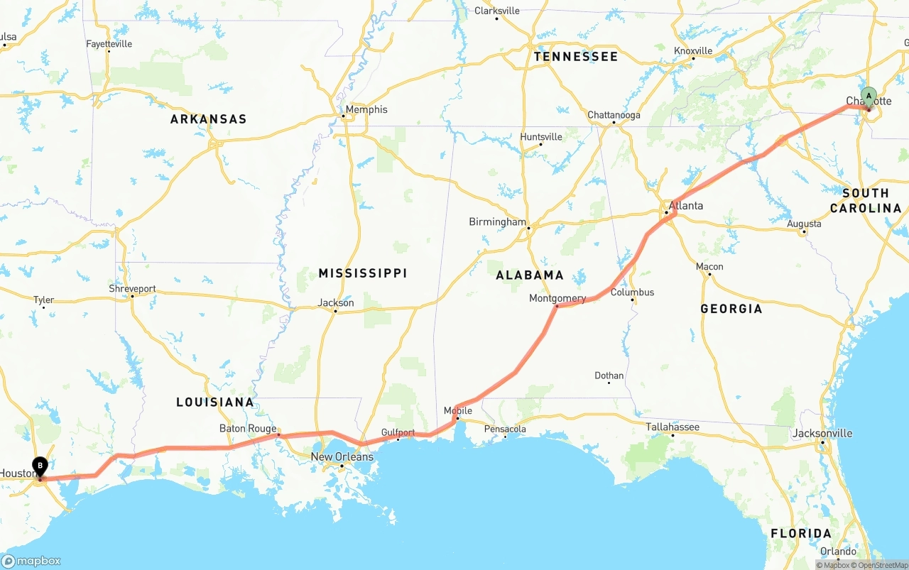 Shipping route from Charlotte to Houston