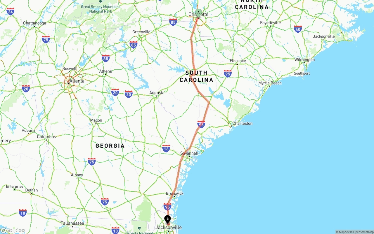 Shipping route from Charlotte to Jacksonville International Airport