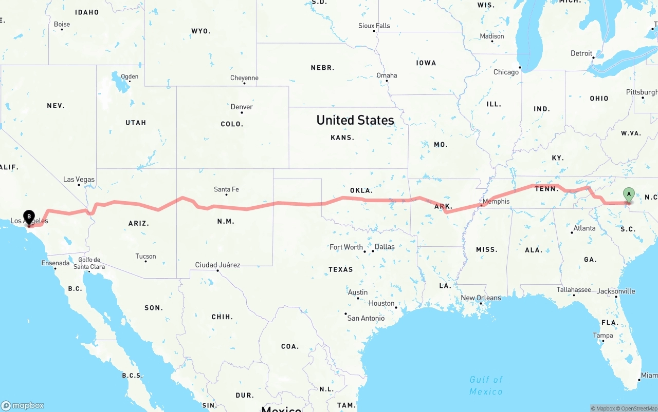 Shipping route from Charlotte to Los Angeles