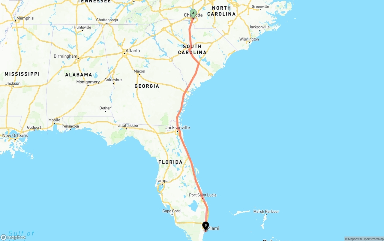Shipping route from Charlotte to Miami