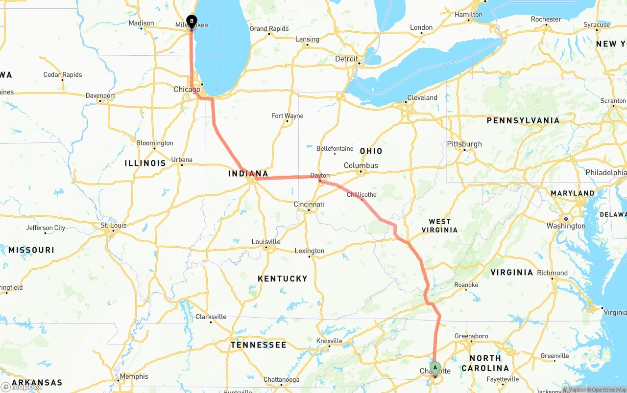 Shipping route from Charlotte to Milwaukee