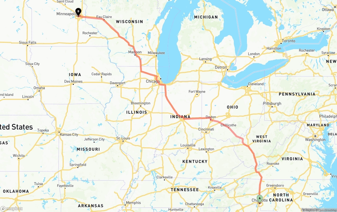 Shipping route from Charlotte to Minneapolis
