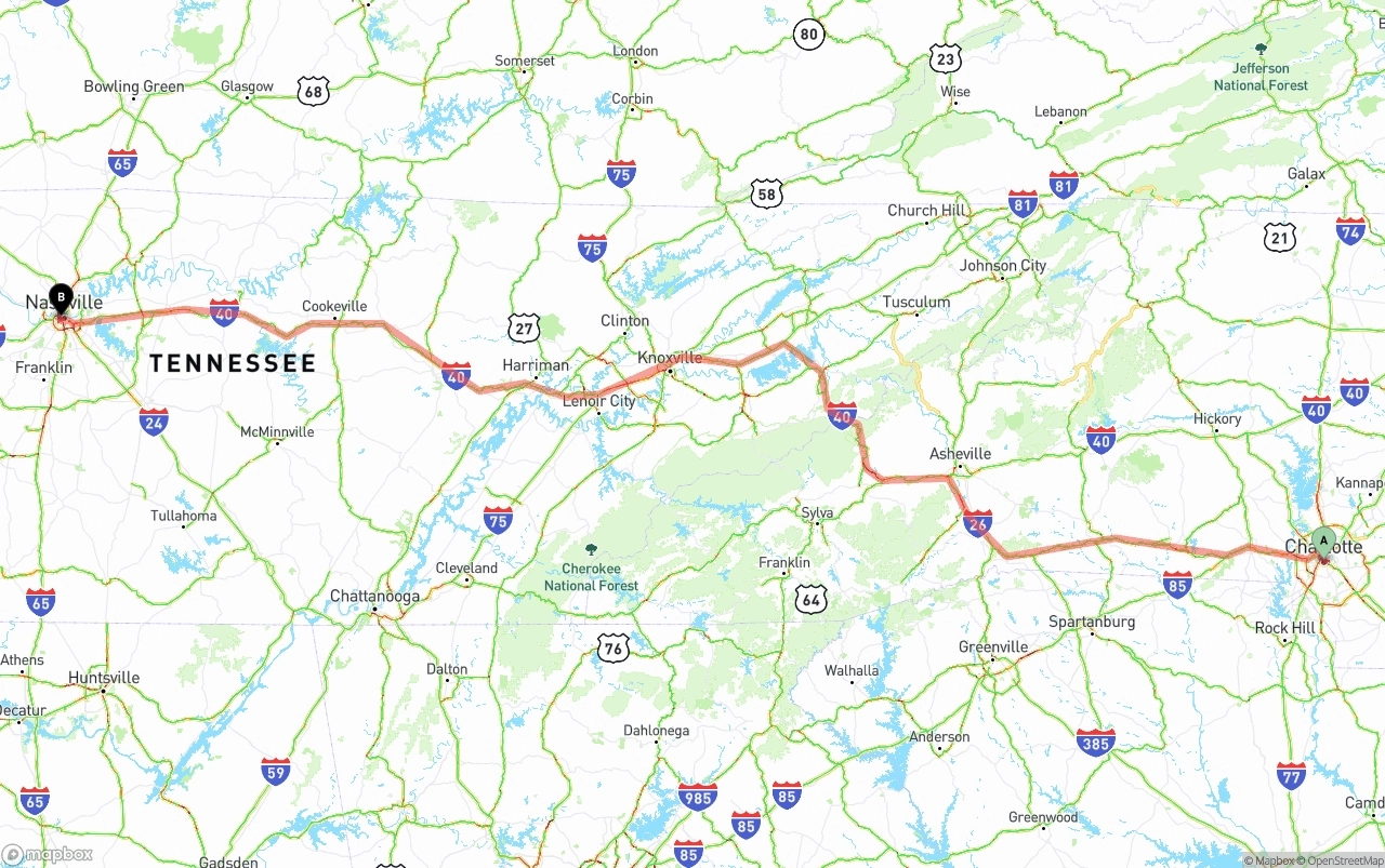 Shipping route from Charlotte to Nashville