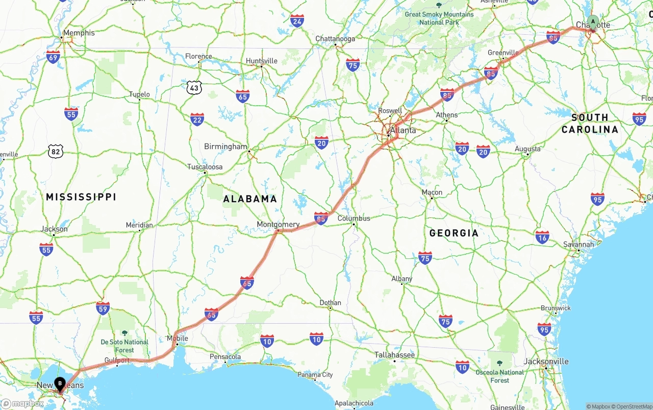 Shipping route from Charlotte to New Orleans