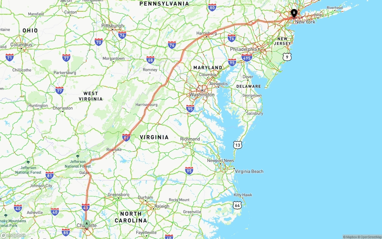 Shipping route from Charlotte to New York City