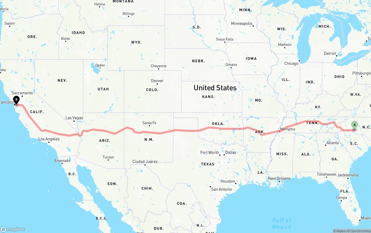 Shipping route from Charlotte to Oakland International Airport