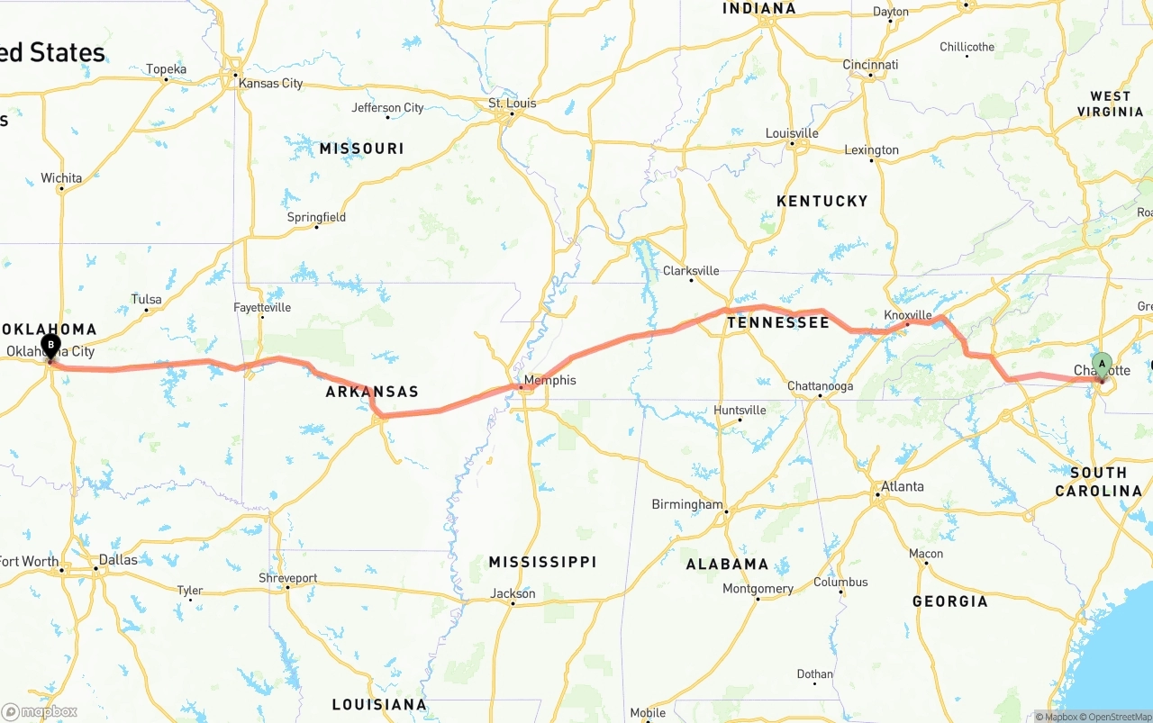 Shipping route from Charlotte to Oklahoma City