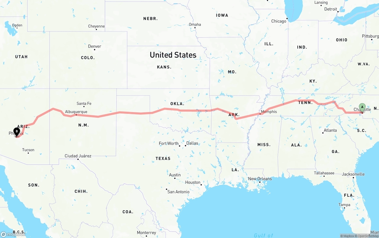 Shipping route from Charlotte to Phoenix Sky Harbor International Airport