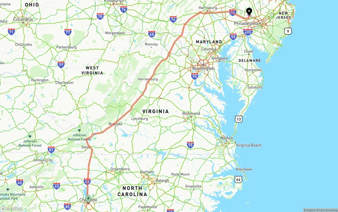 Shipping route from Charlotte to Phoenix