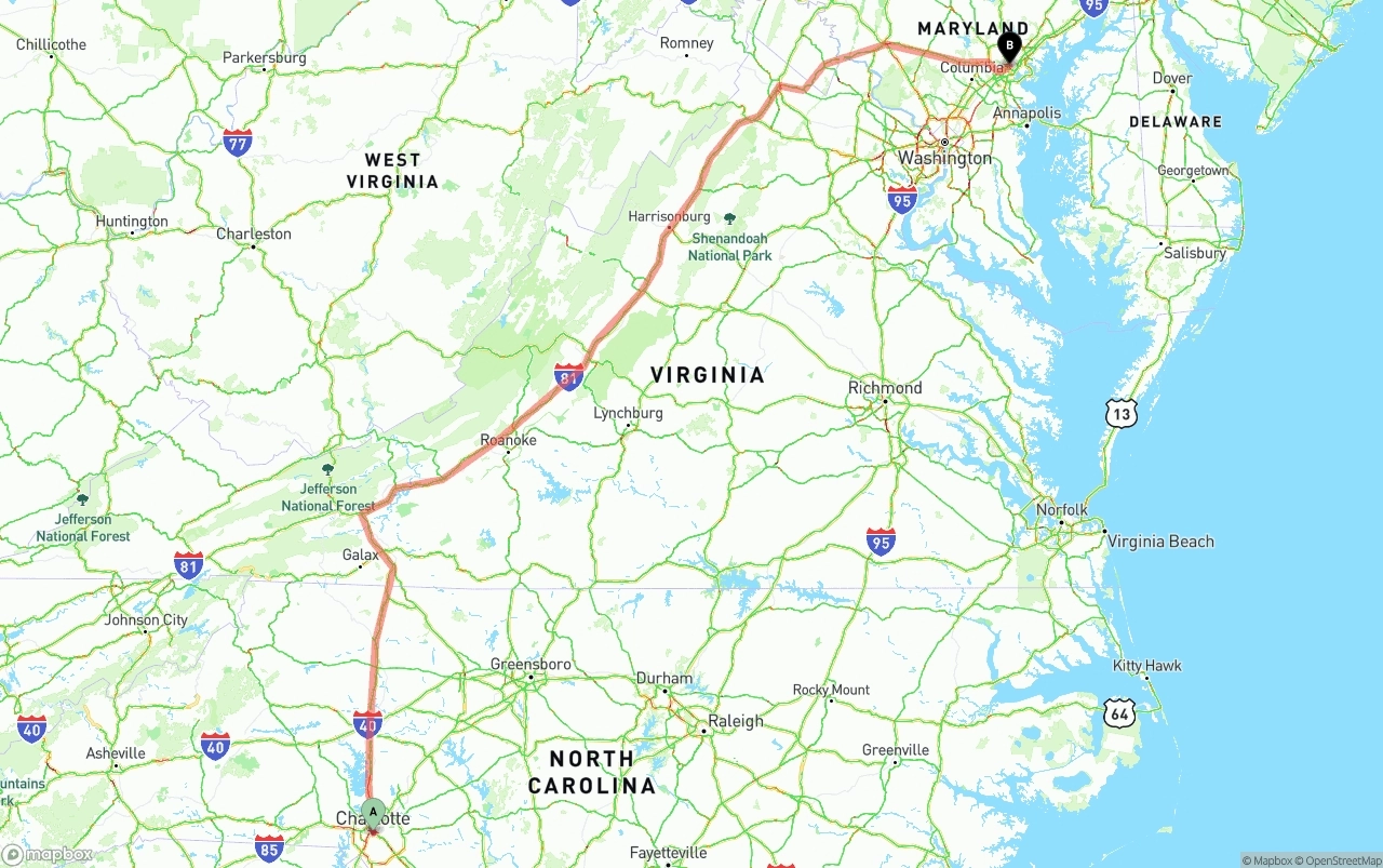 Shipping route from Charlotte to Port of Baltimore