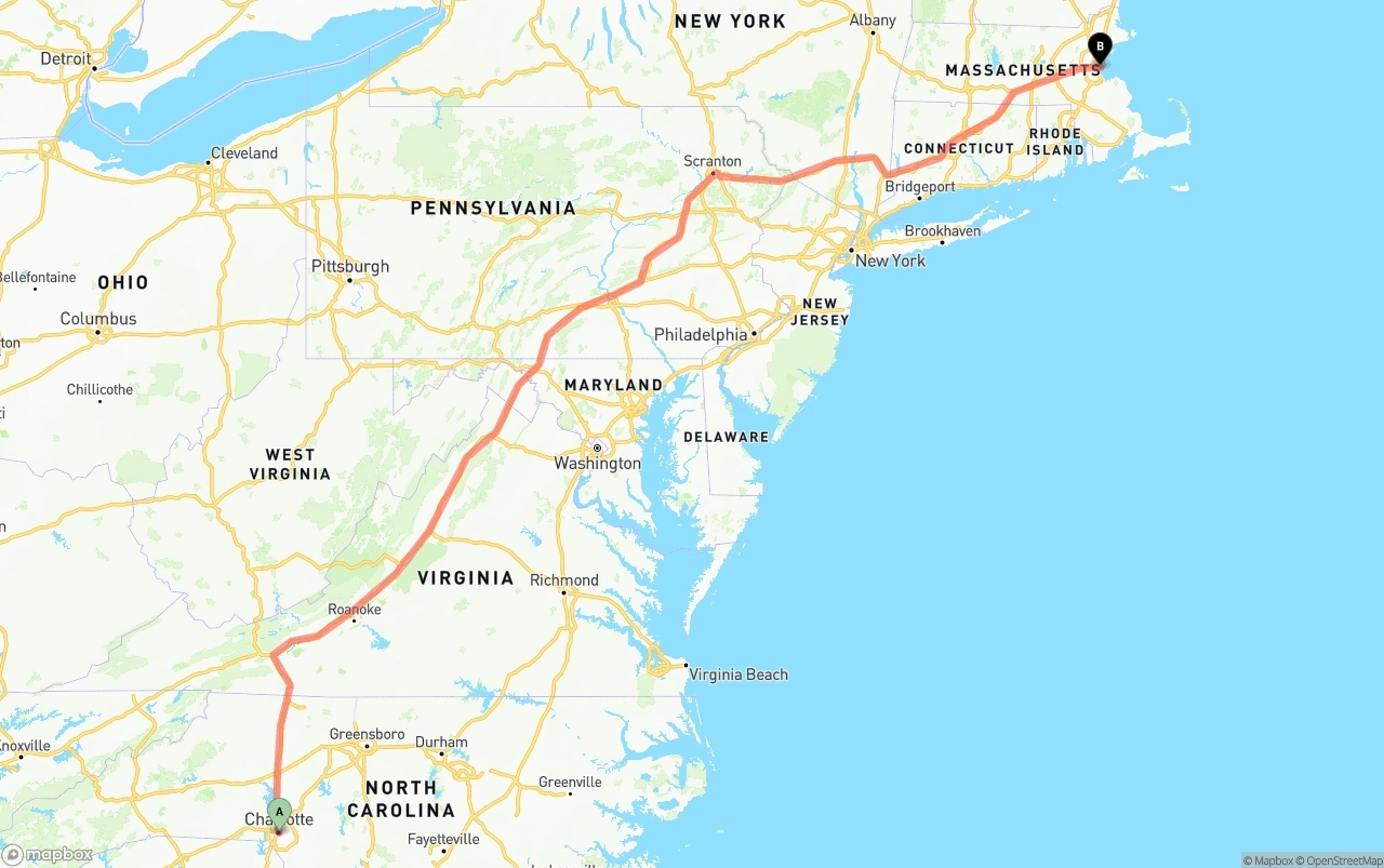 Shipping route from Charlotte to Port of Boston