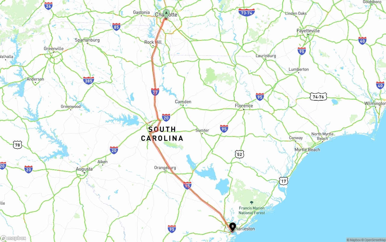 Shipping route from Charlotte to Port of Charleston