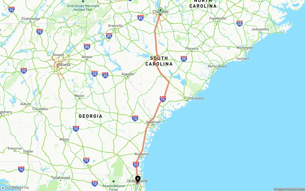 Shipping route from Charlotte to Port of Jacksonville