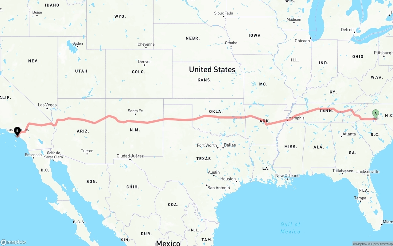 Shipping route from Charlotte to Port of Los Angeles