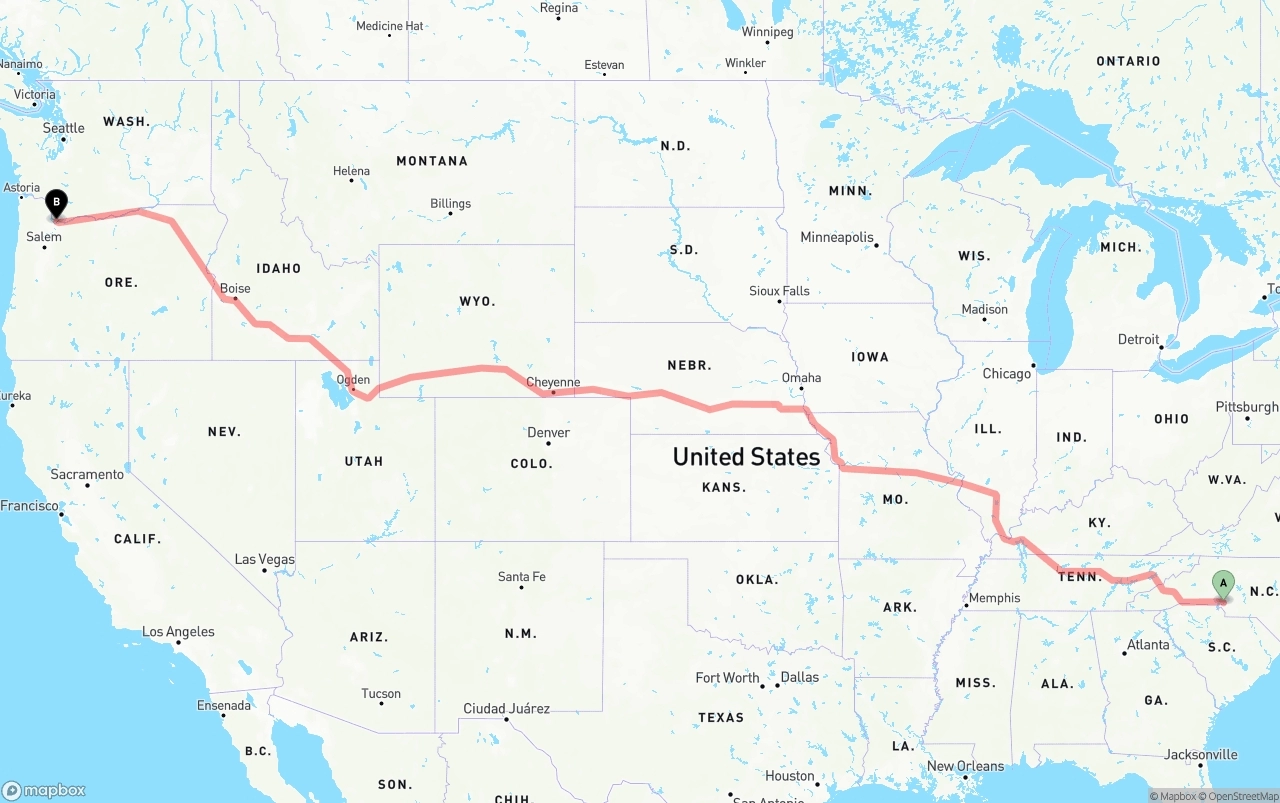 Shipping route from Charlotte to Port of Portland