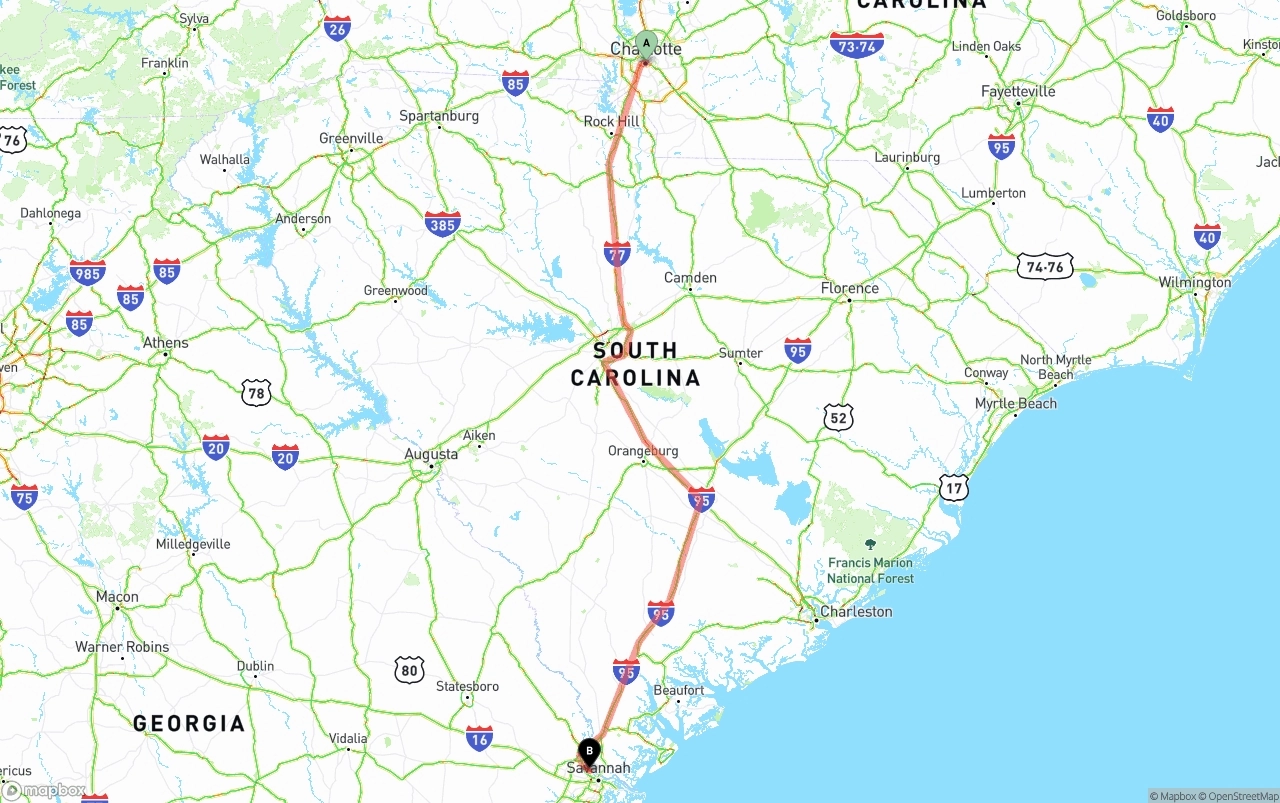 Shipping route from Charlotte to Port of Savannah