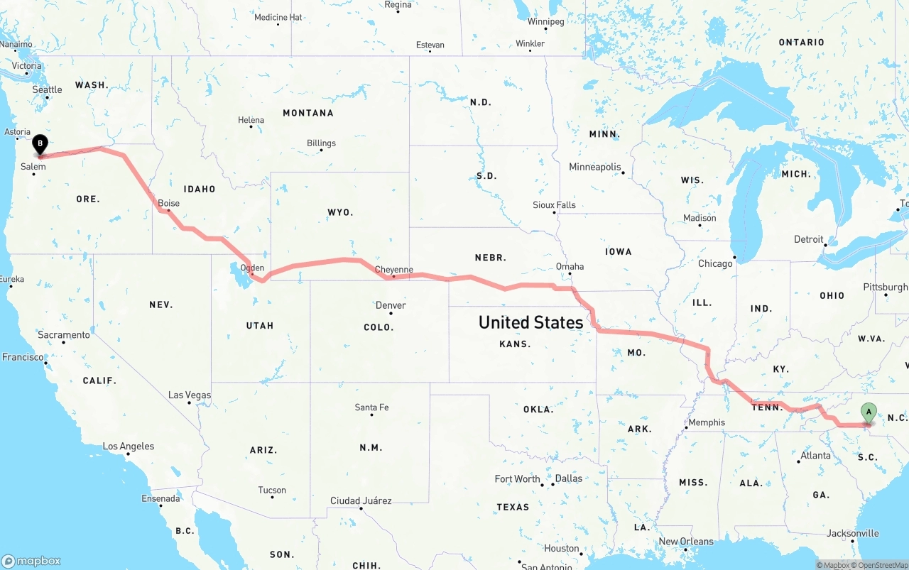 Shipping route from Charlotte to Portland