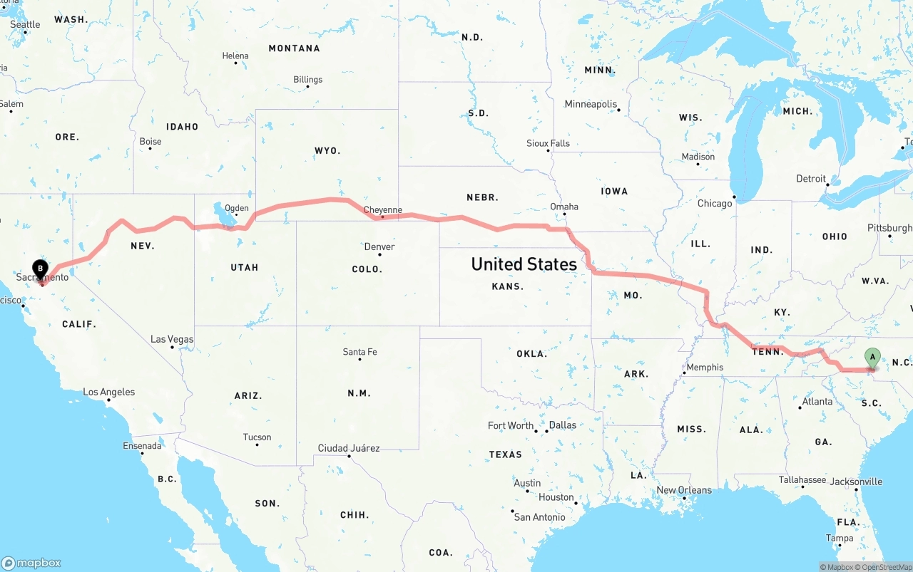 Shipping route from Charlotte to Sacramento International Airport