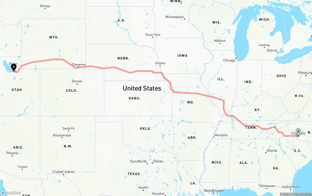 Shipping route from Charlotte to Salt Lake City